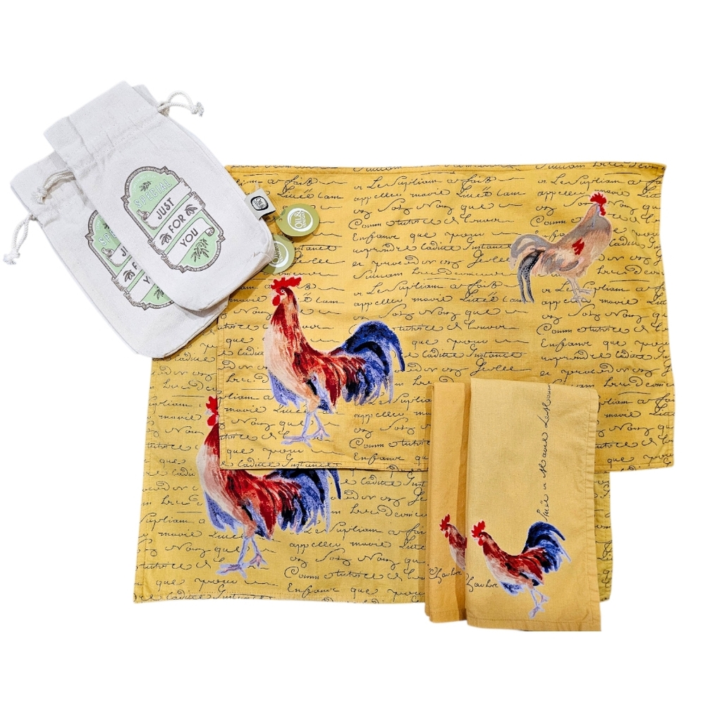 WILLIAMS SONOMA 6 piece set Rooster placemats napkins olive oil gift bag yellow